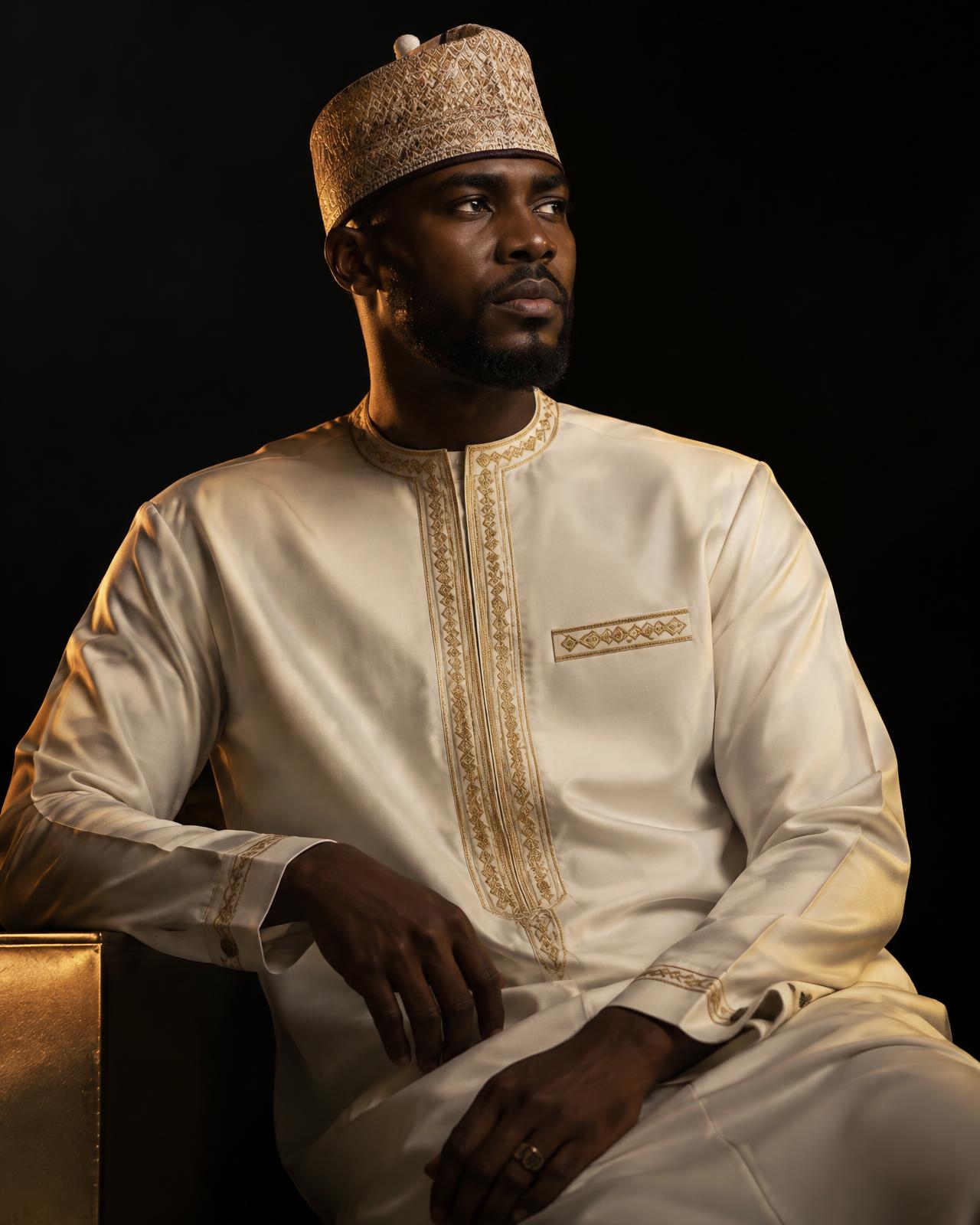 Model in an ivory modern kaftan with gold embroidery and zanna cap